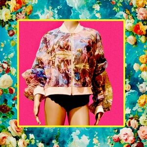Azalea Wang Sheer Renaissance Floral Bomber Jacket with Ruching detail